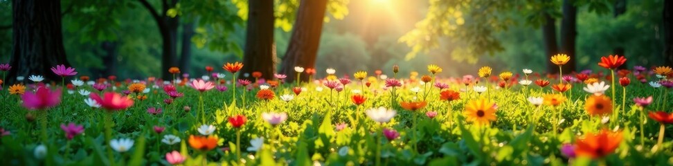 Obraz premium Vibrant wildflowers carpet a sunlit forest clearing, peaceful ambiance , bloom, photo, blossom