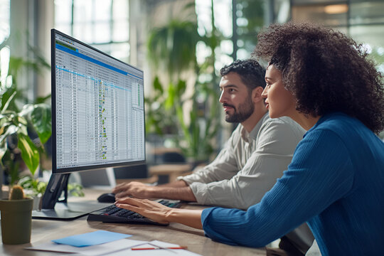 Two colleagues debating over a spreadsheet on a shared monitor.