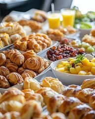 A vibrant buffet of assorted pastries and fruits, set on a table with refreshing beverages nearby