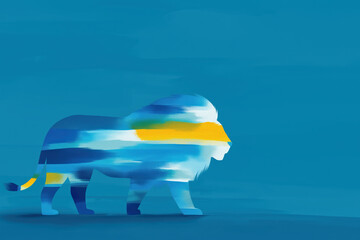 Abstract illustration of the Lion of Judah. A painterly, textured silhouette of a walking lion against a blue background. Biblical symbol of Christ's strength, with copy space.