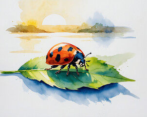 Colorful ladybug rests on a green leaf while the sun sets over a tranquil landscape, capturing nature's beauty and serenity