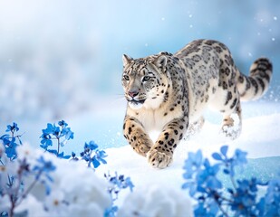 Obraz premium A majestic snow leopard gracefully bounds through a pristine, snowy landscape, its thick fur blending with the white surroundings, showcasing its agility and strength.