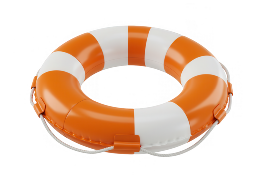 An orange and white lifebuoy with a rope is ready for water rescue, isolated on transparent background