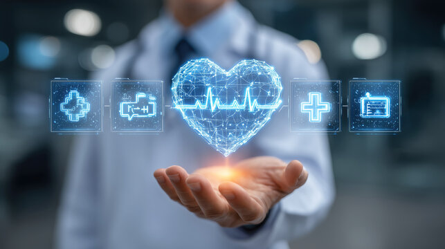 Digital Health Innovation and Modern Technology in Healthcare with Glowing Heart Symbol and Medical Icons Representing Wellness and Patient Care