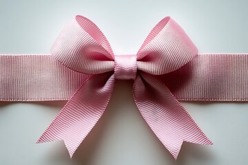 Pink ribbon bow on white background with textured fabric and symmetrical composition