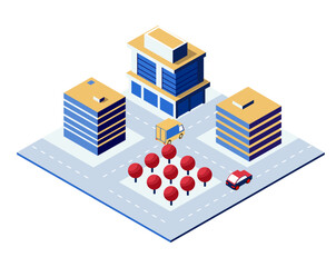 Modern isometric city with buildings, roads, cars, and trees