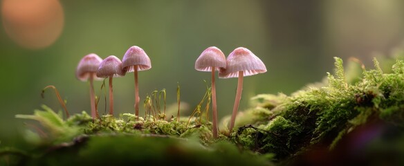 The delicate mushrooms growing amid lush forest greenery and vibrant moss.