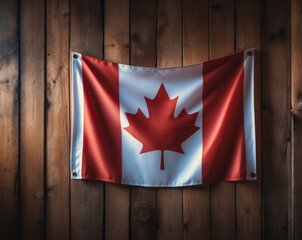 Canadian flag beautifully displayed against a rustic wooden backdrop, symbolizing pride and cultural heritage in a cozy setting