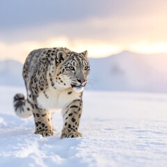 Obraz premium A majestic snow leopard gracefully strides through a vast, pristine snowy field, its thick, spotted fur blending beautifully with the winter landscape.