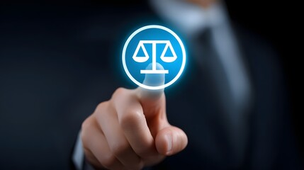 Touching a digital legal balance scales symbol