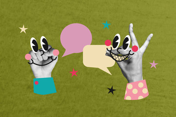 Full 3d art trend collage of human hand show fist talk mouth gesture emoji bubble communication...