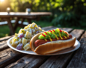 Sizzling summer picnic delight with hot dog and fresh potato salad basking in golden sunlight at an outdoor gathering