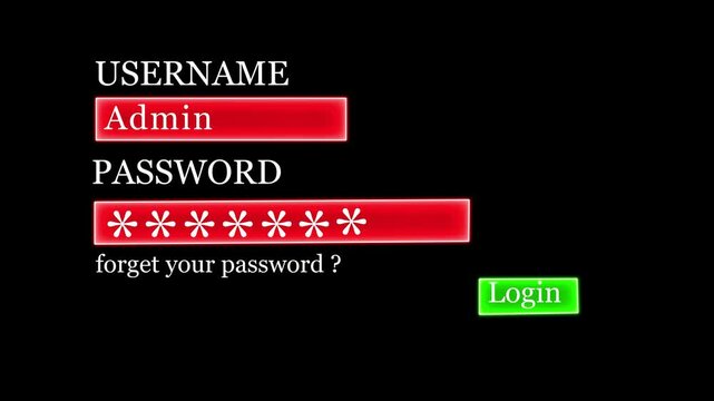 Entering Username Admin and Password on the Internet. Internet Technology Safety Login Concept animation on black background.