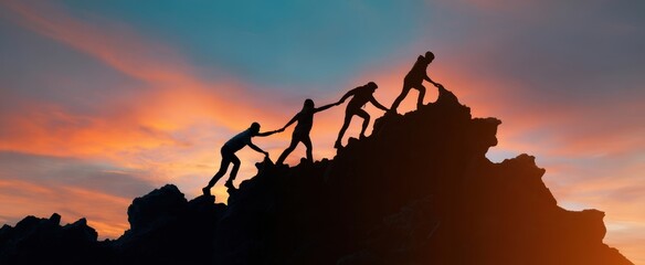 The silhouettes of climbers ascending a rugged mountain at sunset.