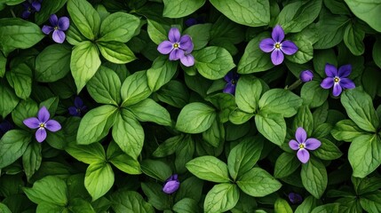 Close-up of vibrant greenery and small purple flowers