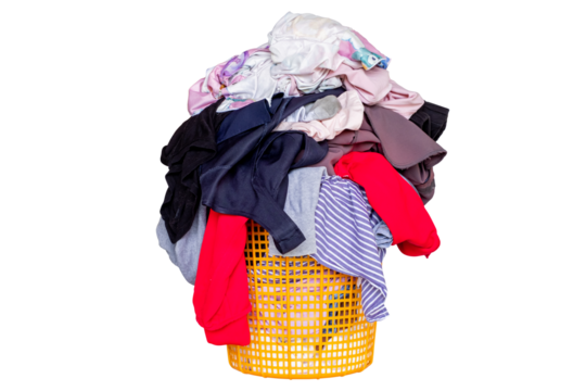 Overflowing laundry basket filled with colorful clothes and fabric. Concept of household chores, laundry day, messy home, or cleaning routine. Isolated on transparent background