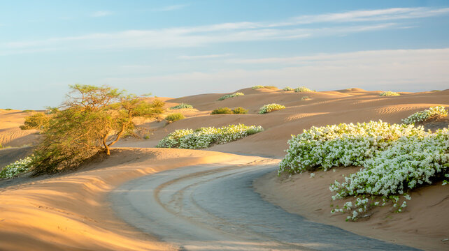A serene landscape photograph of rolling sand dunes under a light blue sky with wispy white clouds