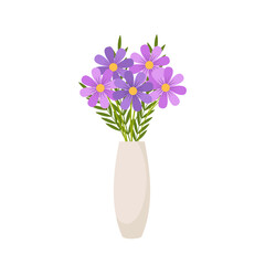 Vase with blooming flowers for decoration and interior. Beautiful flowers in ceramic vase isolated on white background. Vector stock