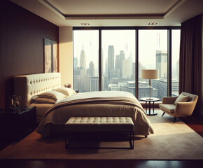 Luxurious city bedroom retreat with skyline views at sunrise, creating a serene morning atmosphere