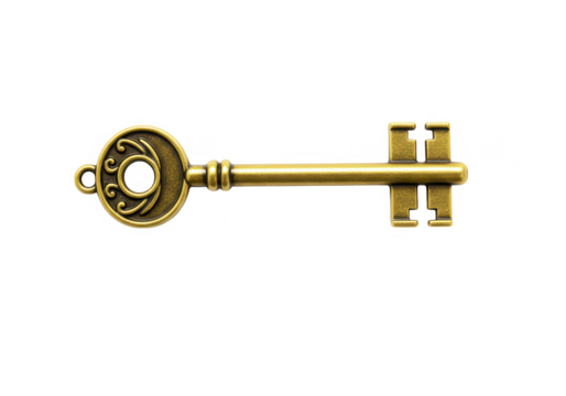 An ornate golden antique skeleton key with a circular head is isolated on a transparent white background