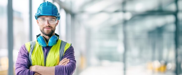 The confident construction worker wearing a hard hat and safety gear in a modern environment.