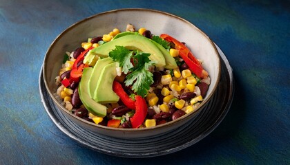 a visually appealing and healthy burrito bowl filled with fresh cilantro black beans corn red pepper avocado slices