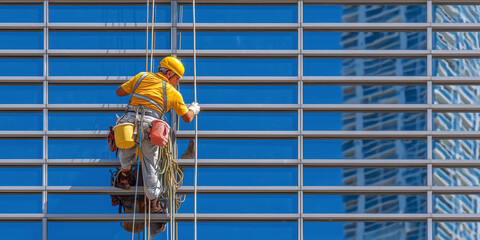 Fototapeta premium Professional Window Cleaner on High Rise Building with Reflective Glass during Bright Daylight in Urban Environment