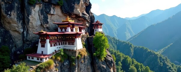 Ancient monasteries clinging to rugged Bhutanese slopes, lush valleys below, culture, ancient