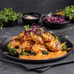 Juicy grilled chicken breasts with creamy sauce, broccoli, and microgreens, beautifully plated on a black dish with fresh herbs in the background.