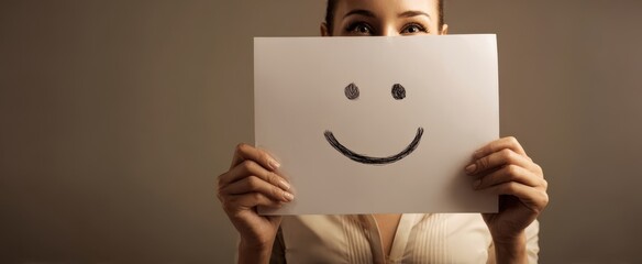 The woman holding a paper with a drawn smiley face for positive expression