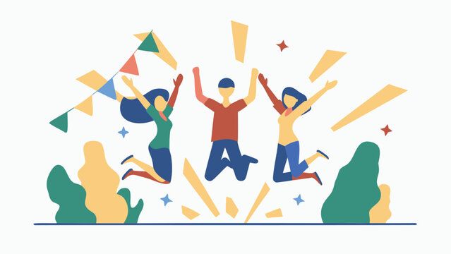 Three people joyfully jumping with raised arms amidst festive decorations and confetti in celebration