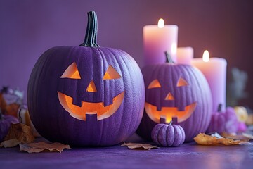 Purple Halloween pumpkins with carved faces and lit candles on a purple surface image