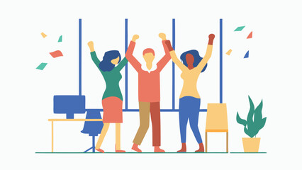 Three people celebrating success in an office with confetti and a computer on a desk near a plant