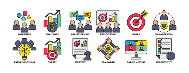Fototapeta premium ICON SET WORKSHOP, BRAIN STORMING, PRESENTATION, PROBLEM SOLVING, TARGET, STRATEGY, TEAMWORK AND MORE. ICON FOR APP, WEBSITE, PRESENTAITON ETC. ICON IN LINE COLOR STYLE.