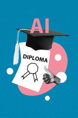Vertical zine pop trend collage of hand show like gesture diploma master graduation bachelor hat...