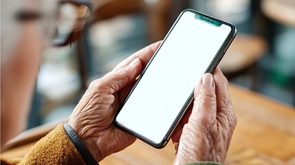 Senior hands hold a modern smartphone with a blank screen, symbolizing the elderly embracing technology and digital connectivity.