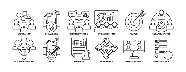ICON SET WORKSHOP, BRAIN STORMING, PRESENTATION, PROBLEM SOLVING, TARGET, STRATEGY, TEAMWORK AND MORE. ICON FOR APP, WEBSITE, PRESENTAITON ETC. ICON IN OUTLINE STYLE.