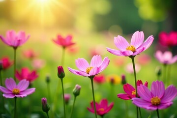 Obraz premium Vibrant spring meadow, cosmos flowers in full bloom , day, vibrant, field