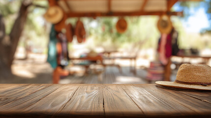 Wooden Table with Blurred Native American Day Background with Picnic Setups and Sun Hats