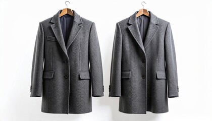 Two gray herringbone pattern coats hanging on wooden hangers against white wall.