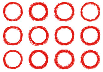 A collection of twelve red handdrawn scribble circles isolated on transparent background, creating a playful and artistic design element