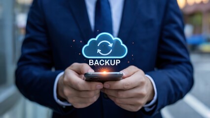 Businessman uses cloud backup app on smartphone, highlighting data protection for personal or business use with easy access and secure online technology and data storage solutions.