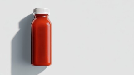 A red juice bottle with a white cap casting a shadow on a white surface, photographed with bright lighting.