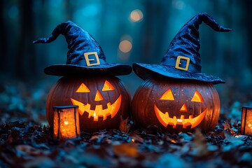 Two carved Halloween pumpkins wearing witch hats with lit jack o lanterns and autumn leaves