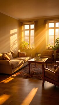 Warm sunbeams fill a cozy living room with a sofa, armchairs, rug, and plants creating a relaxing ambiance.