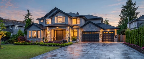 The stunning luxury home with elegant facade and tranquil evening ambiance.