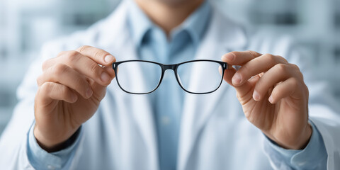 Detailed Close-Up of Optometrist Holding Eyeglasses in a Bright Clinical Setting for Vision Care and Eye Health Awareness
