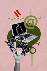 3d pop image vertical art collage of hand wear glove show victory gesture laptop chain addicted...