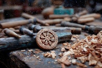 A meticulously hand-carved wooden Dharma wheel amidst wood shavings symbolizes traditional craftsmanship, spiritual heritage, and intricate artistry.