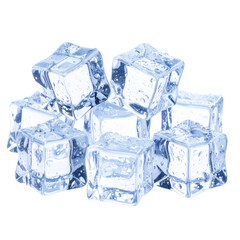 Scattered Ice Cubes with Water Droplets and Melted Puddles, Side View, Transparent PNG Background
